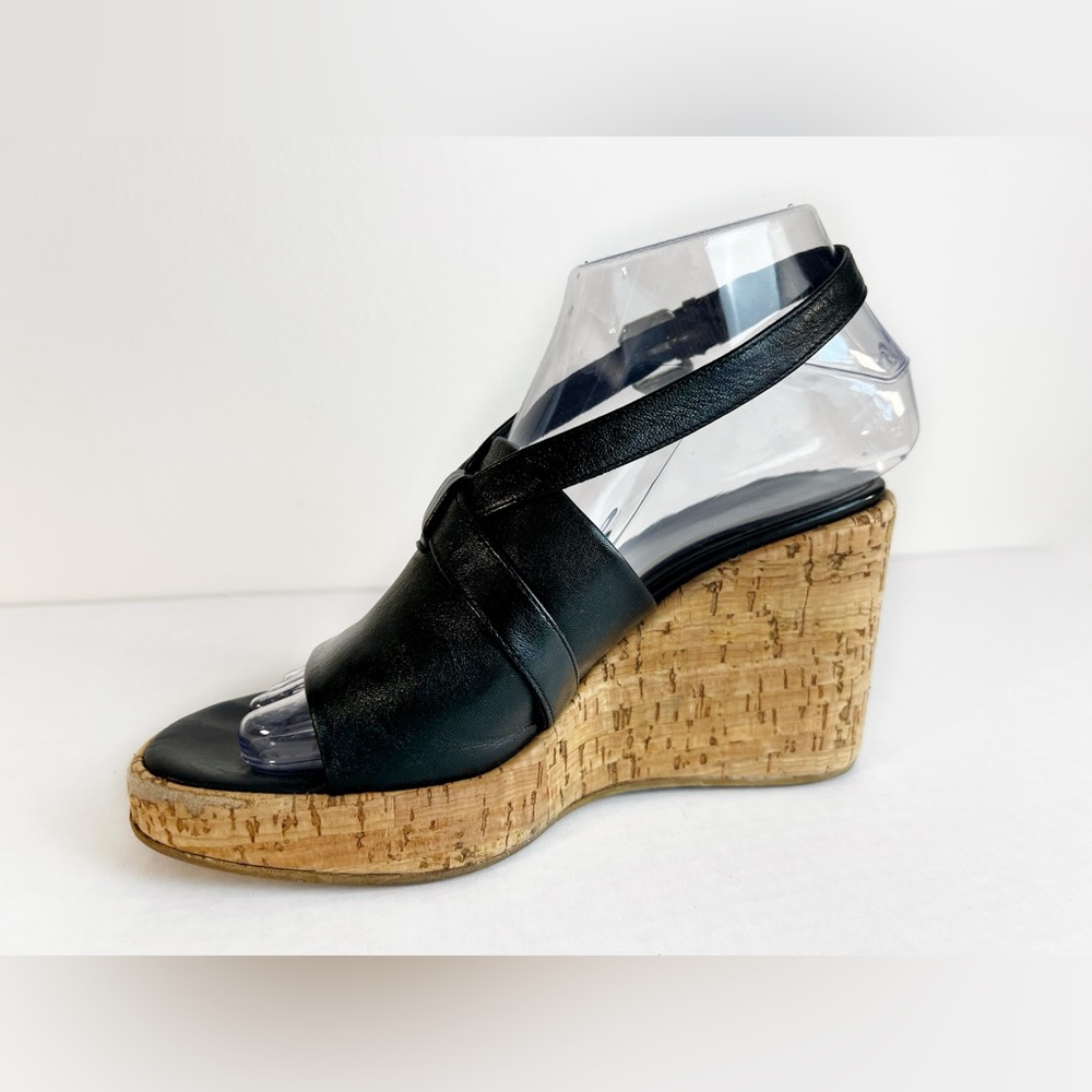 Vintage Via Spiga Black Leather & Cork Slingback Platform Wedges Women’s Size 6